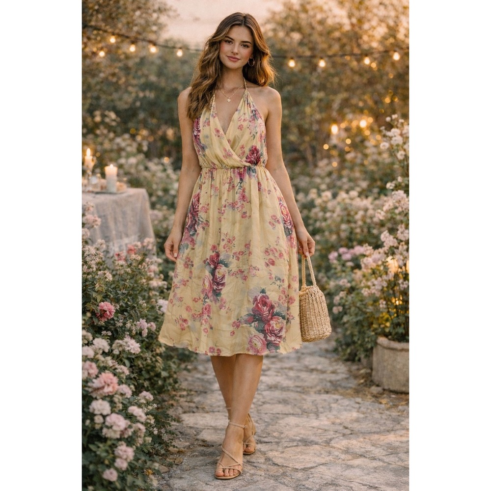 Meadow Rue Silk Floral Halter Dress US 10 Cottagecore